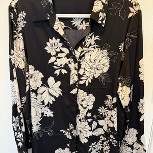 Floral Black and Cream Button-Up Blouse